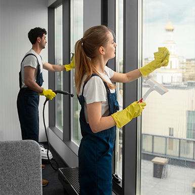 Two cleaners in navy overalls and yellow gloves washing large office windows with squeegee